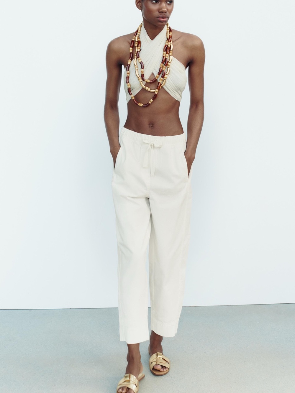 Zara Cream Drawstring Cotton Relaxed Pants